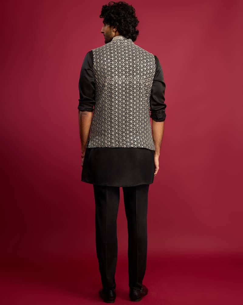 all-black sequin & thread embroidered nehru jacket with black satin kurta & pants set | festive bundle |