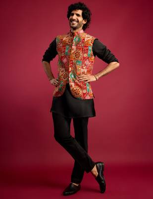red embroidered nehru jacket with black kurta & pant set 1