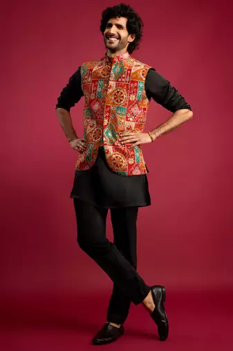 red embroidered nehru jacket with black kurta & pant set