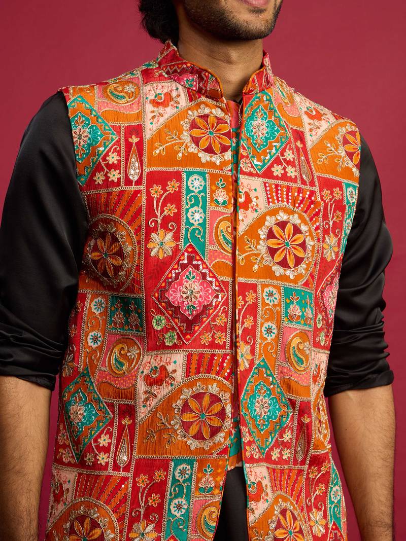 red embroidered nehru jacket with black kurta & pant set