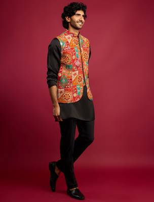 red embroidered nehru jacket with black kurta & pant set 3