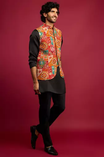red embroidered nehru jacket with black kurta & pant set