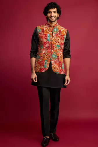 red embroidered nehru jacket with black kurta & pant set