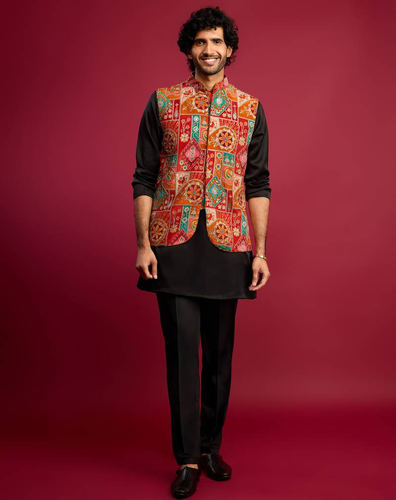 red embroidered nehru jacket with black kurta & pant set