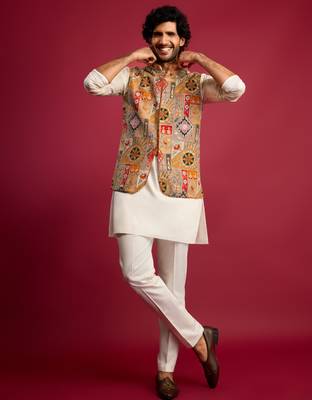 chiku embroidered nehru jacket with cream kurta & pant set 1
