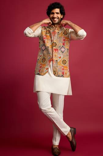 chiku embroidered nehru jacket with cream kurta & pant set