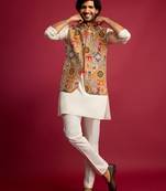 chiku embroidered nehru jacket with cream kurta & pant set
