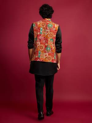red embroidered nehru jacket with black kurta & pant set 5