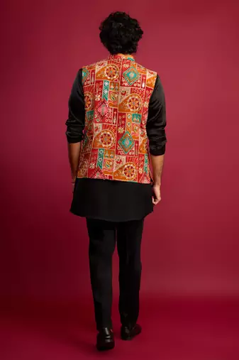 red embroidered nehru jacket with black kurta & pant set