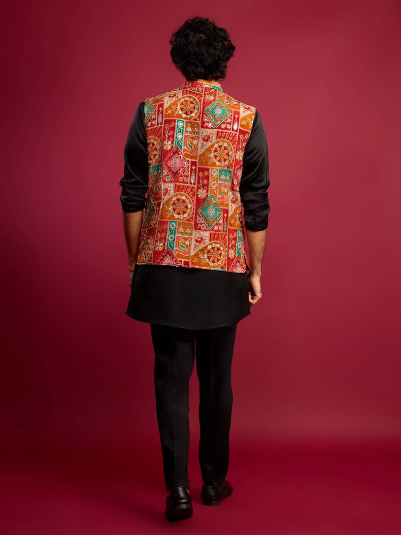red embroidered nehru jacket with black kurta & pant set
