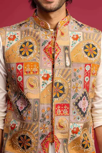 chiku embroidered nehru jacket with cream kurta & pant set