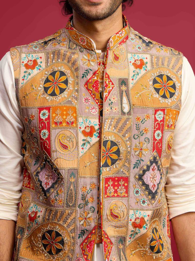 chiku embroidered nehru jacket with cream kurta & pant set