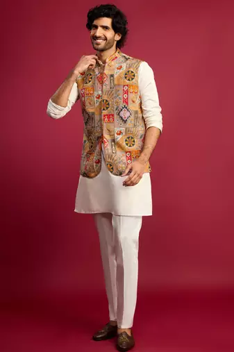 chiku embroidered nehru jacket with cream kurta & pant set