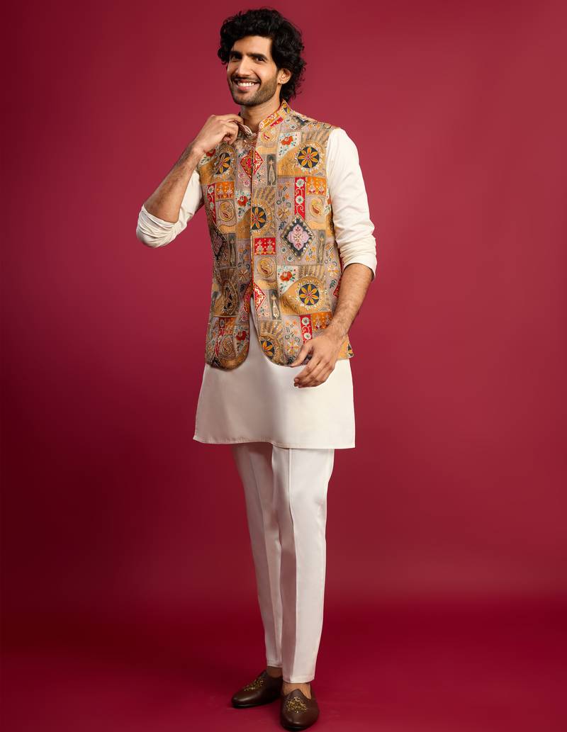 chiku embroidered nehru jacket with cream kurta & pant set
