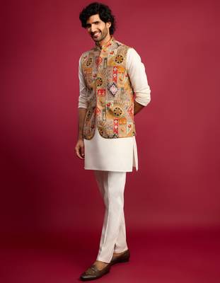 chiku embroidered nehru jacket with cream kurta & pant set 4