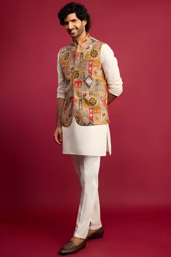 chiku embroidered nehru jacket with cream kurta & pant set