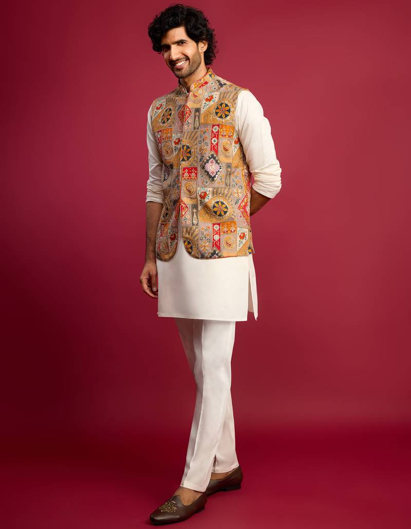 chiku embroidered nehru jacket with cream kurta & pant set