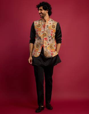 chiku embroidered nehru jacket with black kurta & pant set 1