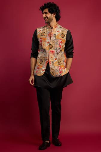 chiku embroidered nehru jacket with black kurta & pant set