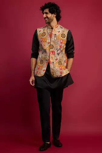 chiku embroidered nehru jacket with black kurta & pant set