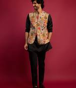 chiku embroidered nehru jacket with black kurta & pant set