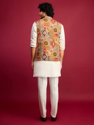 chiku embroidered nehru jacket with cream kurta & pant set 5