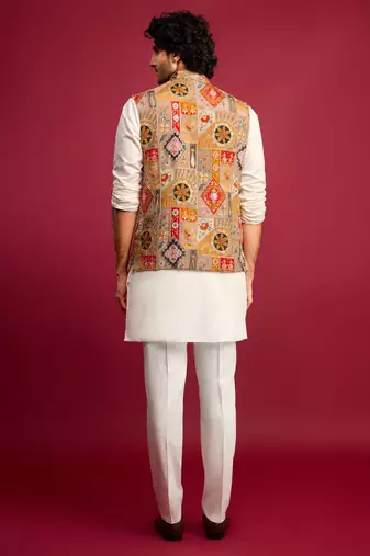 chiku embroidered nehru jacket with cream kurta & pant set