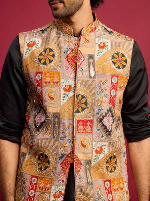 chiku embroidered nehru jacket with black kurta & pant set 2