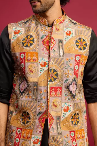 chiku embroidered nehru jacket with black kurta & pant set