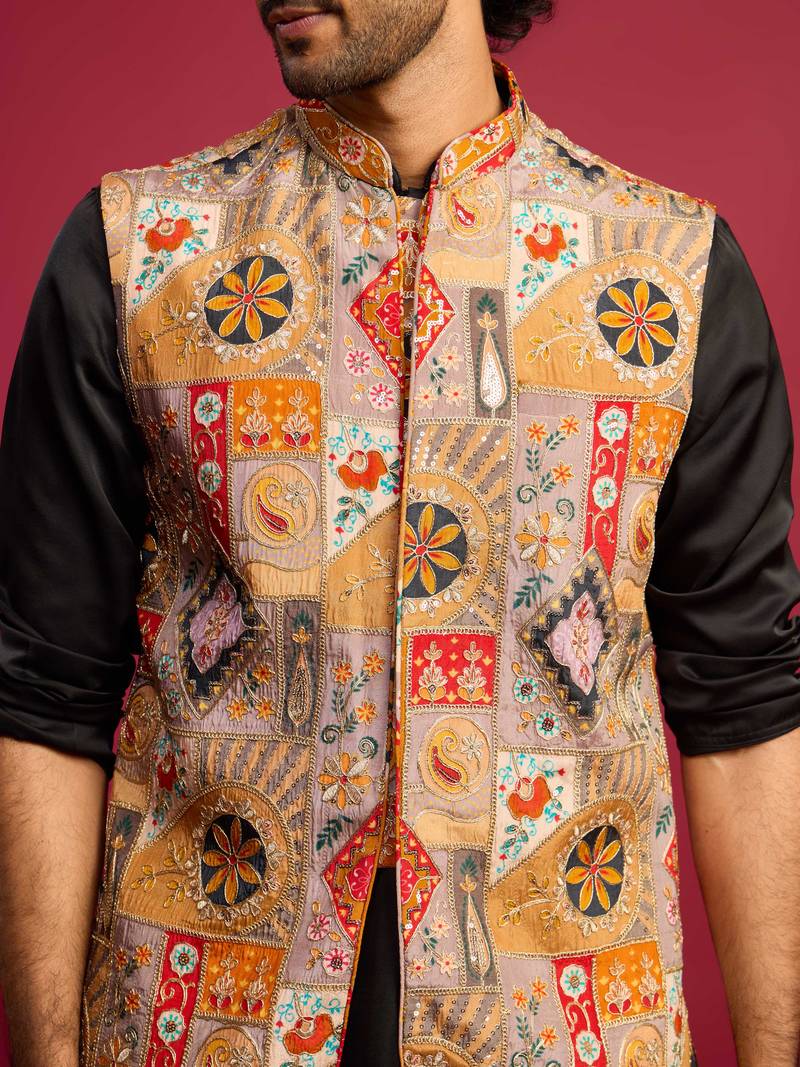 chiku embroidered nehru jacket with black kurta & pant set