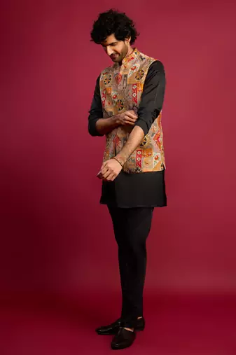 chiku embroidered nehru jacket with black kurta & pant set