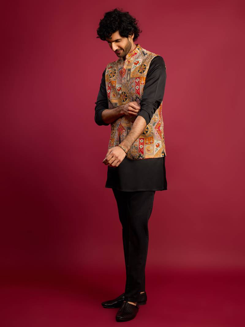 chiku embroidered nehru jacket with black kurta & pant set