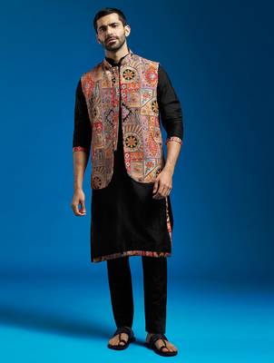 chiku embroidered nehru jacket set with black printed kurta & fine satin pyjama | wedding party wear 1