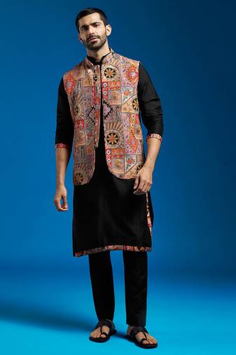chiku embroidered nehru jacket set with black printed kurta & fine satin pyjama | wedding party wear