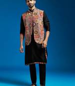 chiku embroidered nehru jacket set with black printed kurta & fine satin pyjama | wedding party wear