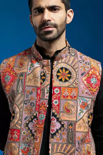 chiku embroidered nehru jacket set with black printed kurta & fine satin pyjama | wedding party wear