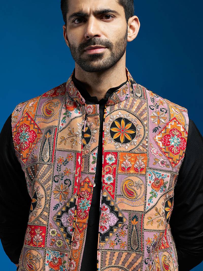 chiku embroidered nehru jacket set with black printed kurta & fine satin pyjama | wedding party wear