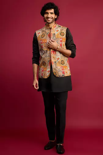 chiku embroidered nehru jacket with black kurta & pant set