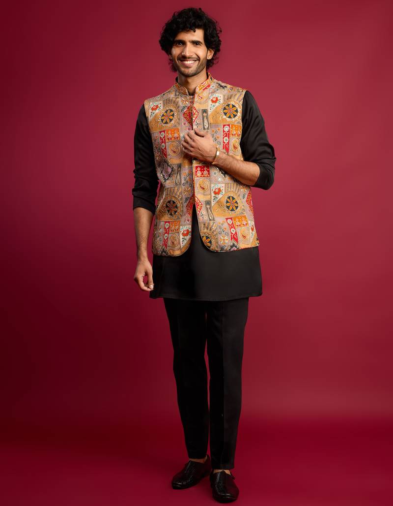 chiku embroidered nehru jacket with black kurta & pant set