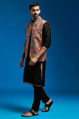 chiku embroidered nehru jacket set with black printed kurta & fine satin pyjama | wedding party wear
