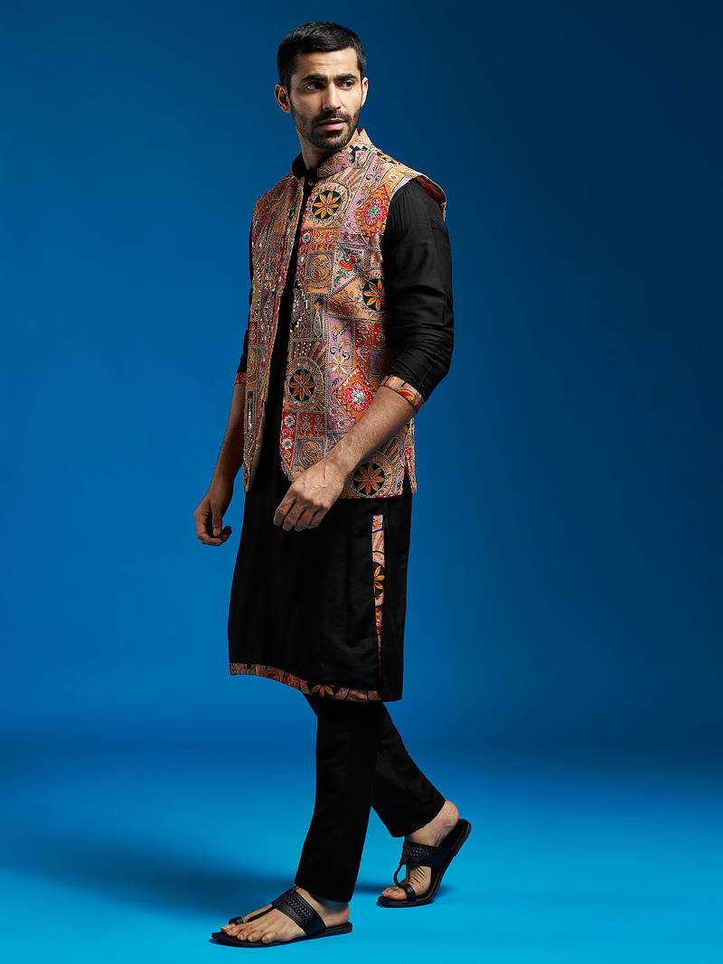 chiku embroidered nehru jacket set with black printed kurta & fine satin pyjama | wedding party wear