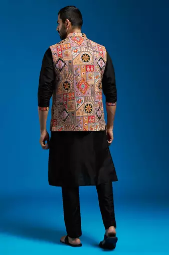 chiku embroidered nehru jacket set with black printed kurta & fine satin pyjama | wedding party wear