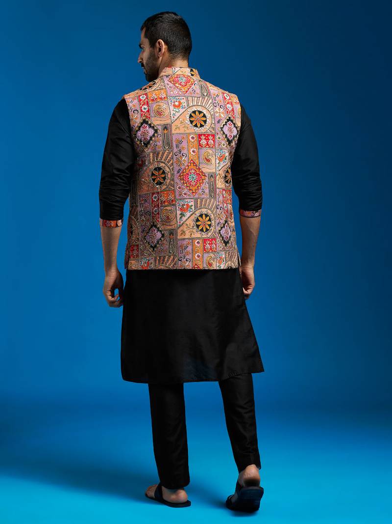 chiku embroidered nehru jacket set with black printed kurta & fine satin pyjama | wedding party wear