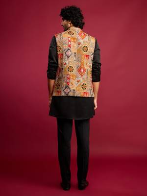 chiku embroidered nehru jacket with black kurta & pant set 5
