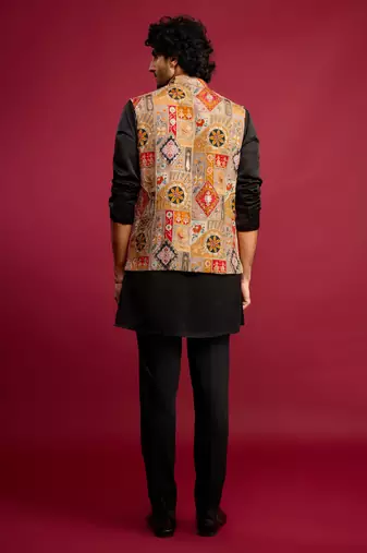 chiku embroidered nehru jacket with black kurta & pant set