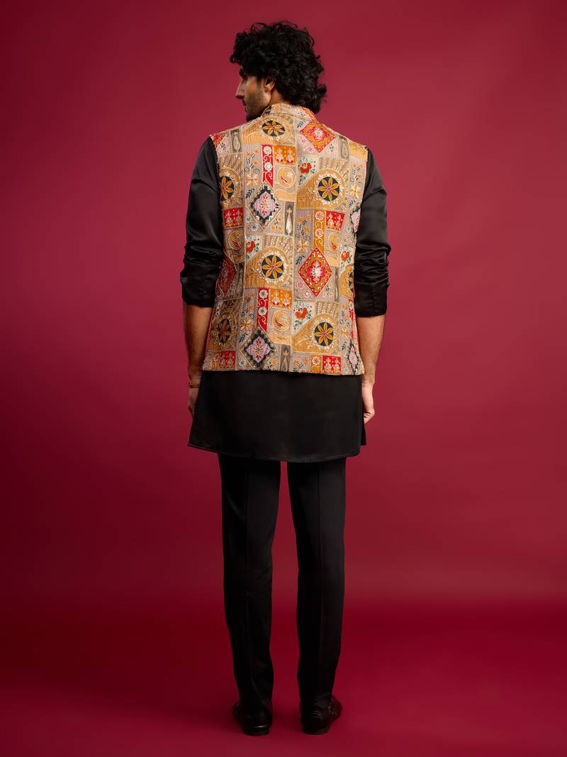 chiku embroidered nehru jacket with black kurta & pant set