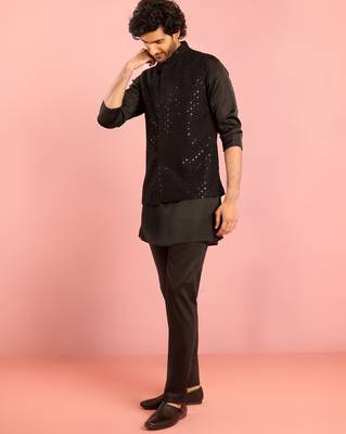 black 3-piece nehru jacket kurta pant set | sequin embroidered ethnic formal wear 1