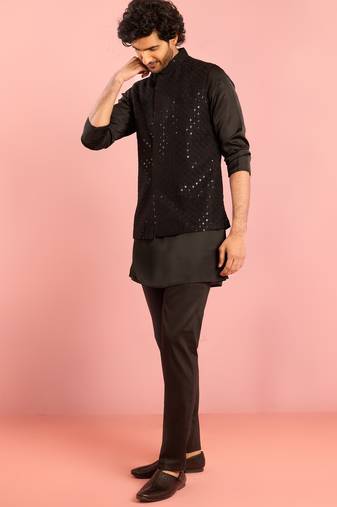black 3-piece nehru jacket kurta pant set | sequin embroidered ethnic formal wear