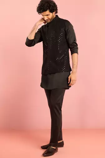 black 3-piece nehru jacket kurta pant set | sequin embroidered ethnic formal wear