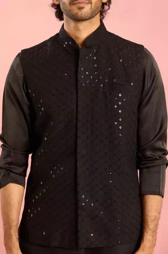 black 3-piece nehru jacket kurta pant set | sequin embroidered ethnic formal wear